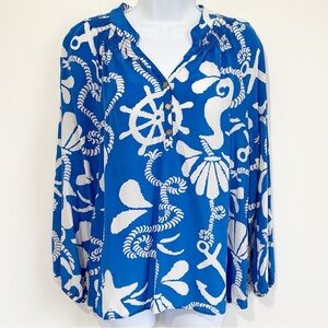LILLY PULITZER Silk Elsa Top in Schooner Blue Dock Hopper Print Small